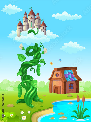 Beanstalk with castle in the clouds on the fairy tale Jack and the Beanstalk. Vector illustration in cartoon style.
