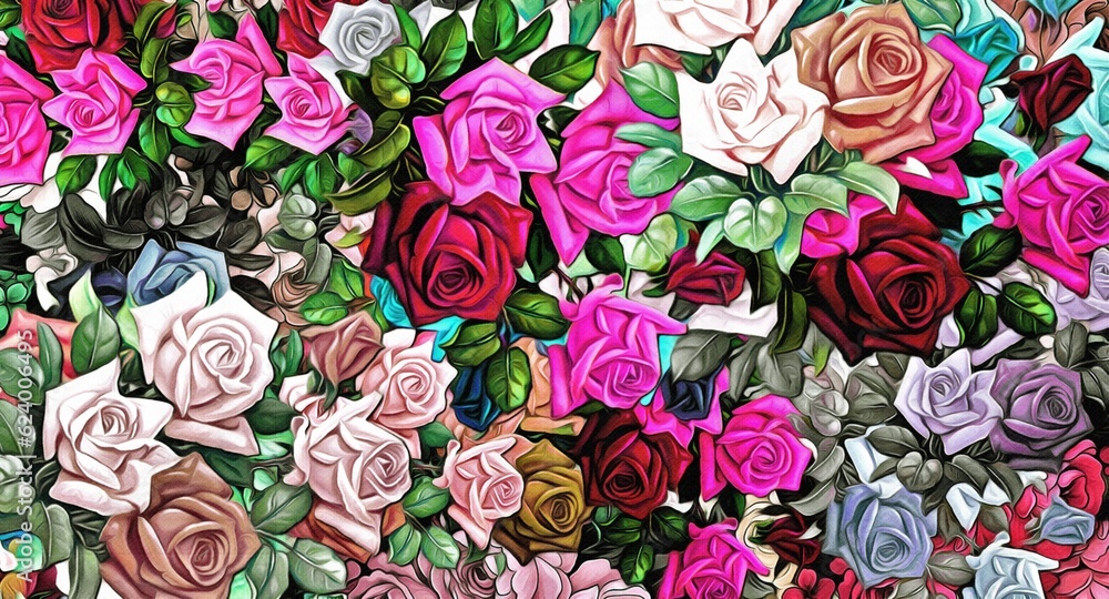 Computer graphics of abstract floral psychedelic background stylization of colored chaotic stickers in the form of leaves