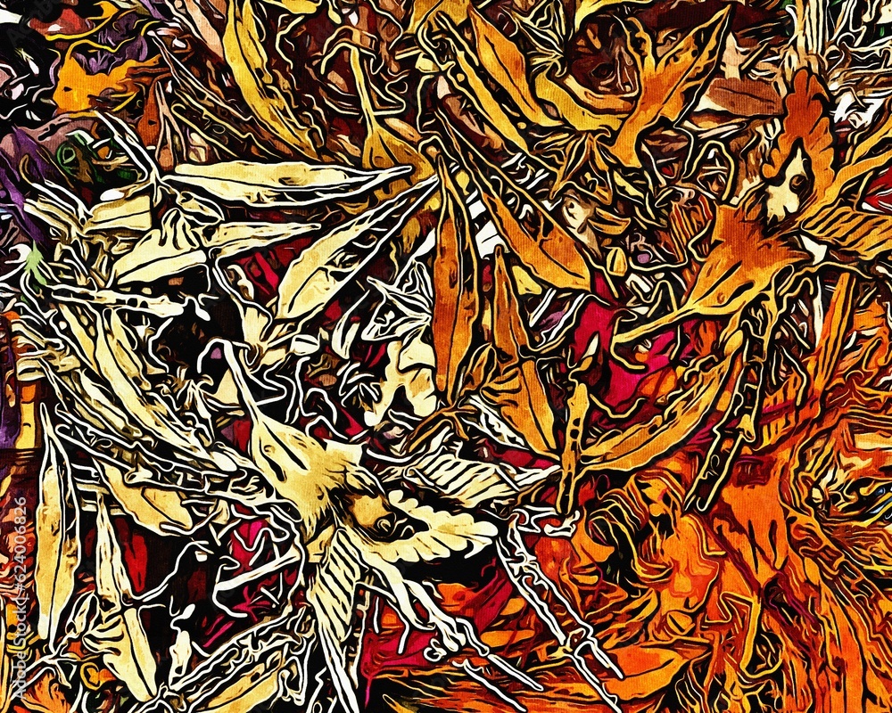 Abstract psychedelic fractal background of stylized watercolor illustration, colored chaotically blurred spots and paint strokes of different sizes and shapes