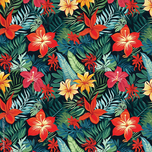 Tropical Dream: Seamless Pattern of Exquisite Leaves and Floral Delights, 300DPI, 12x12 inc © PixelGuru