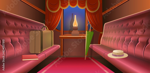 Vintage Train interior or carriage inside view with beautiful carriage seats, a suitcase, a hat and a kerosene lamp. Evening interior, light from a lamp. Vector illustration