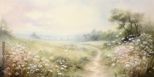 Fototapeta Naklejka Na Ścianę i Meble -  AI Generated. AI Generative. Nature outdoor landscape background field meadow with flowers plant. Botanical watercolor draw paint art. Graphic Art