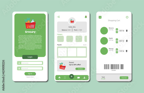 Application to buy groceries. Collection of online grocery store interface templates. Responsive GUI for mobile applications. Vector illustration