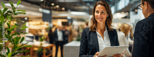 Professional businesswoman multitasking at a trade show with a digital tablet, showcasing innovation and networking.