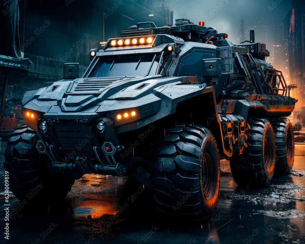 An electronic illustration of a cyberpunk vehicle. AI generated. An electronic illustration of a cyberpunk vehicle. AI generated.