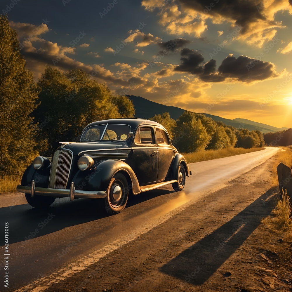Classic car highway sunset