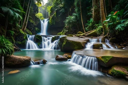 waterfall in the forest and mountains