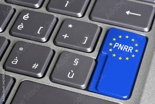 words 'PNRR' in on blue key of a laptop keyboard. The National Recovery and Resilience Plan is part of the Next Generation EU Programme.