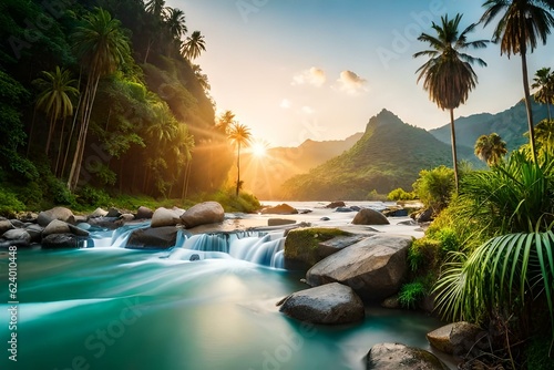 waterfall in the forest and mountains