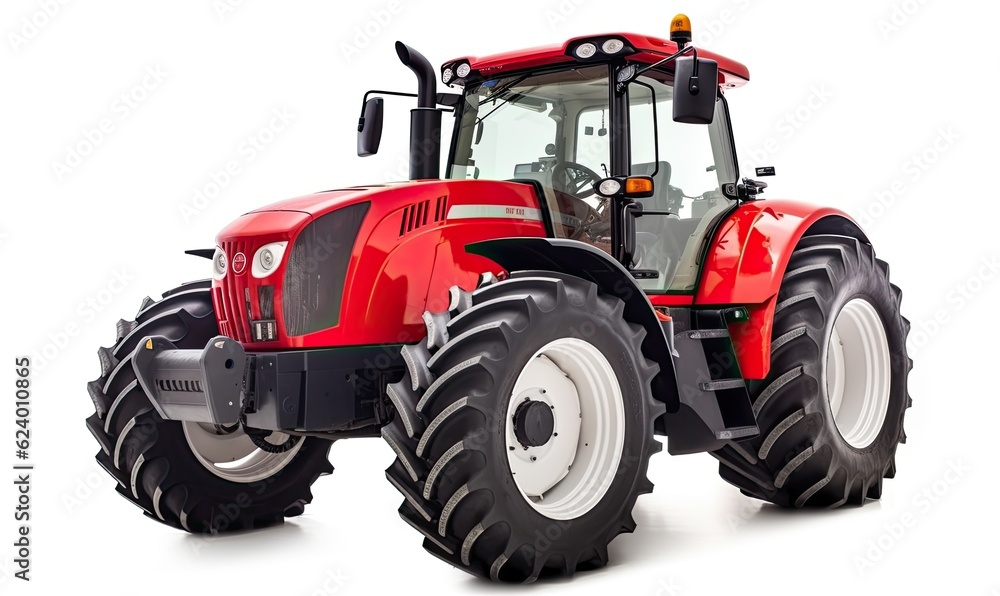 Red modern tractor for agricultural use on white backdrop. Creating using generative AI tools Red modern tractor for agricultural use on white backdrop. Creating using generative AI tools