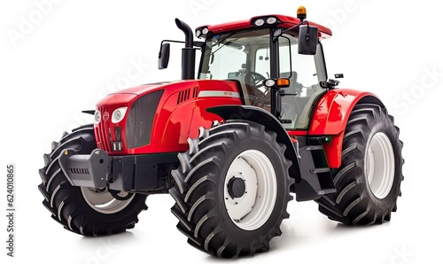 Red modern tractor for agricultural use on white backdrop. Creating using generative AI tools