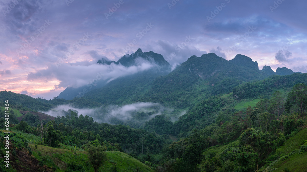 Chiang Dao Mountain at Sunrise, Majestic Peaks Wrapped in Morning Clouds, Chiang Mai Province, Thailand