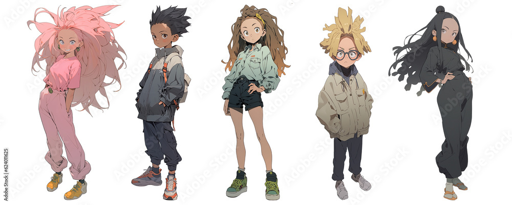 Naklejka premium 5 anime character design: Sakura Nakamura, Takeshi Tanaka, Aiko Suzuki, Hiroshi Yamamoto, Mei Nakamura