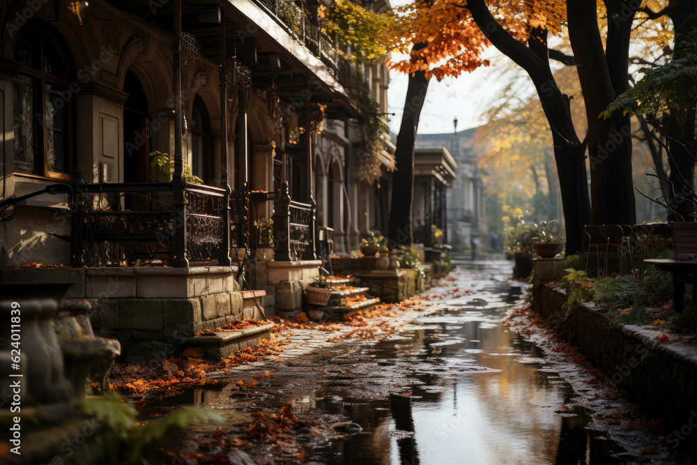 Fototapeta premium Autumn city rainy landscape, orange golden foliage, fall wallpaper, AI Generated