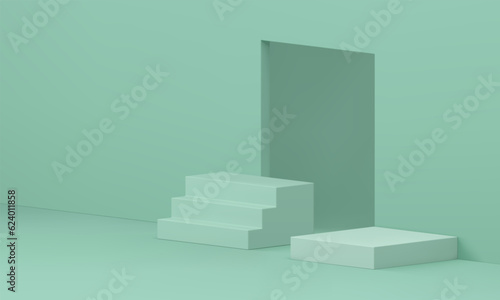 Green 3d showroom geometric pedestal staircase stage construction rectangle gate realistic vector