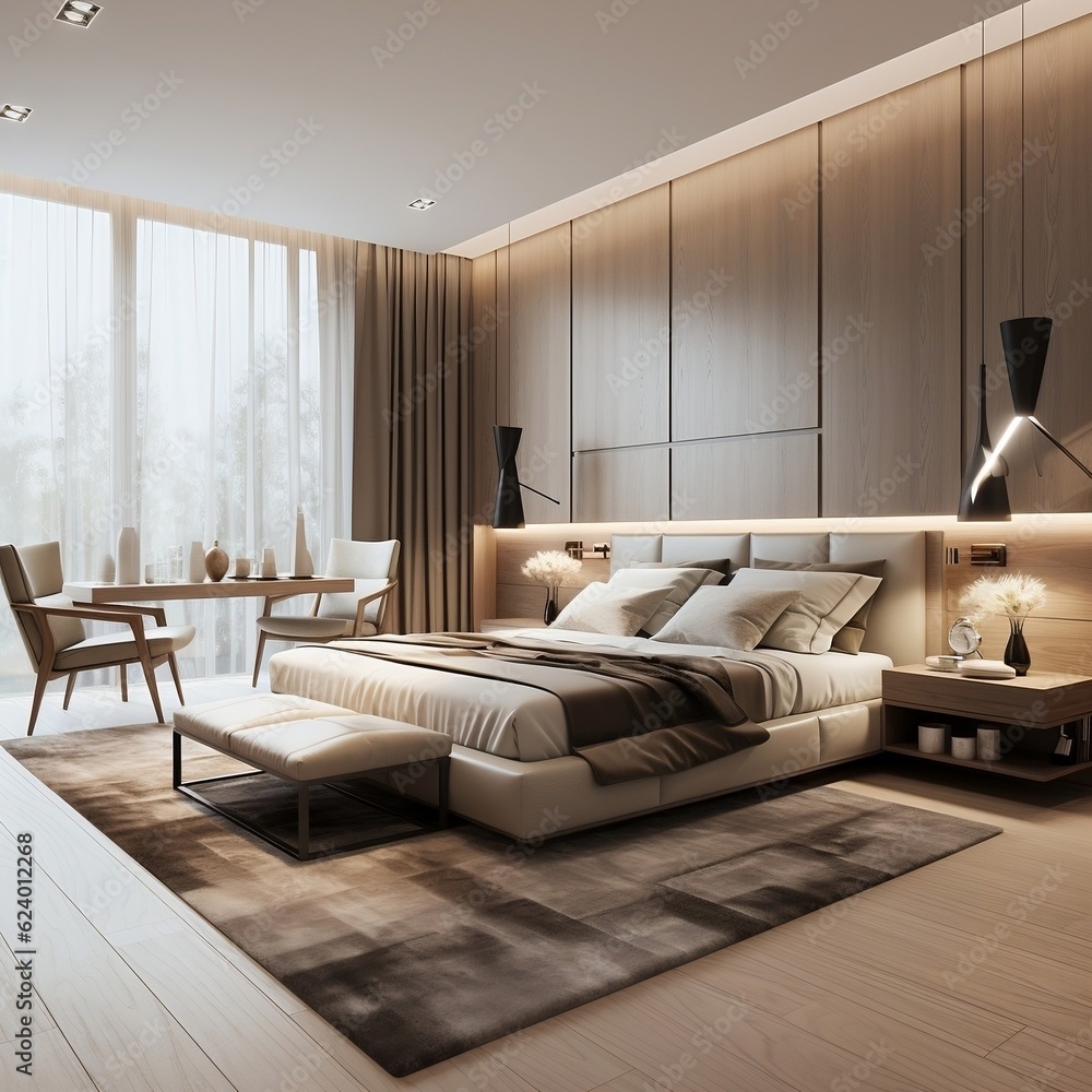 Fototapeta premium Interior design of modern elegant bedroom generative ai