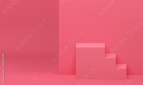 Pink 3d staircase podium upwards level construction award arena win celebration realistic vector