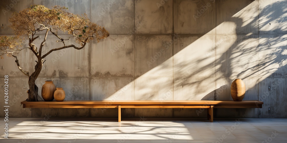 AI Generated. AI Generative. Urban city garden park with concrete stone wall and wooden bench and tree. Nature outdoor relaxing minimal time. Graphic