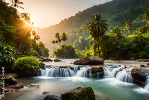 waterfall in the forest and mountains