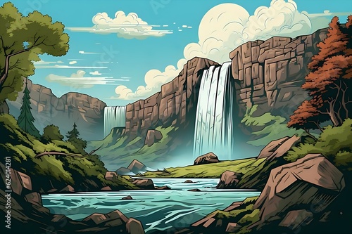 landscape with a waterfall. waterfall in the mountains. illustration in pop art retro comics style. poster for advertising