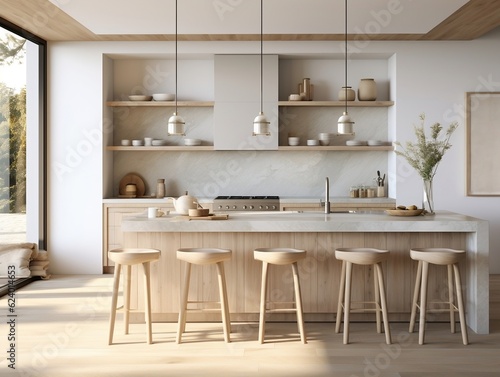 Interior design of kitchen with marble island and wooden stools generative ai