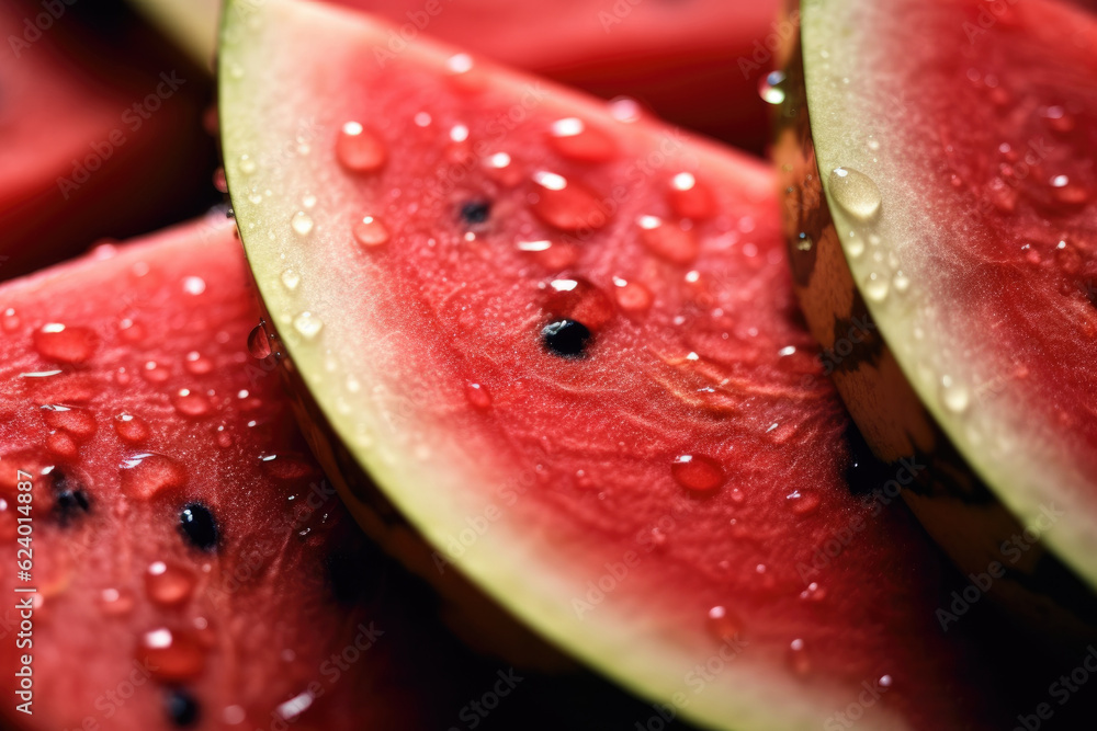 A close-up of red watermelon slice. Freshness of fruit with vitamins for care weight. Low-calorie, diuretic effects, digestion, excretion of toxins as ideal for healthy body. Generative ai A close-up of red watermelon slice. Freshness of fruit with vitamins for care weight. Low-calorie, diuretic effects, digestion, excretion of toxins as ideal for healthy body. Generative ai