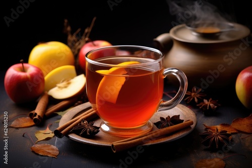 Lemon tea with spices on wooden background AI Generated