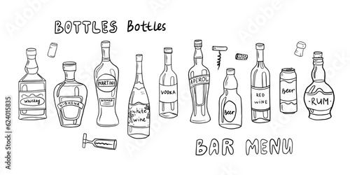 Vector set with alcoholic bottles hand drawn doodles. Champagne, beer, martini, wine, rum, tequila and corkscrew. Isolated on white. Illustration great for menus, recipes and packages product