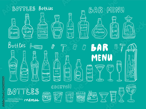 Big set of alcoholic bottles and glasses.  Alcohol cocktail drinks, champagne, beer, martini, wine, rum, tequila, cognac, whiskey and other.  Great for bar menu, banner. Vector EPS10 in doodle style.