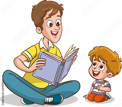 cute kids and father reading together.Teacher reading books to children.
