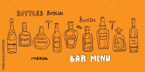 Big set with alcoholic bottles hand drawn in doodle style. Champagne, beer, martini, wine, rum, tequila and corkscrew. Isolated on orange. Illustration great for bar menus, banner, recipes