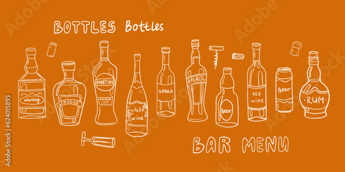 Vector set with alcoholic drinks hand drawn doodles. Alcohol bottles, champagne, beer, martini, wine, rum, tequila. Isolated on orange. Illustration great for menus, recipes and packages product