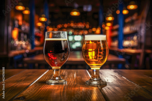 Glasses of light and dark beer on a pub background.