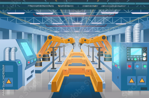 Factories with machine tools and a conveyor. Industrial interior. Smart factory. Industry 4.0. Vector cartoon illustration