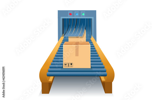 Conveyor belt with cardboard boxes at factory, warehouse. Perspective view.