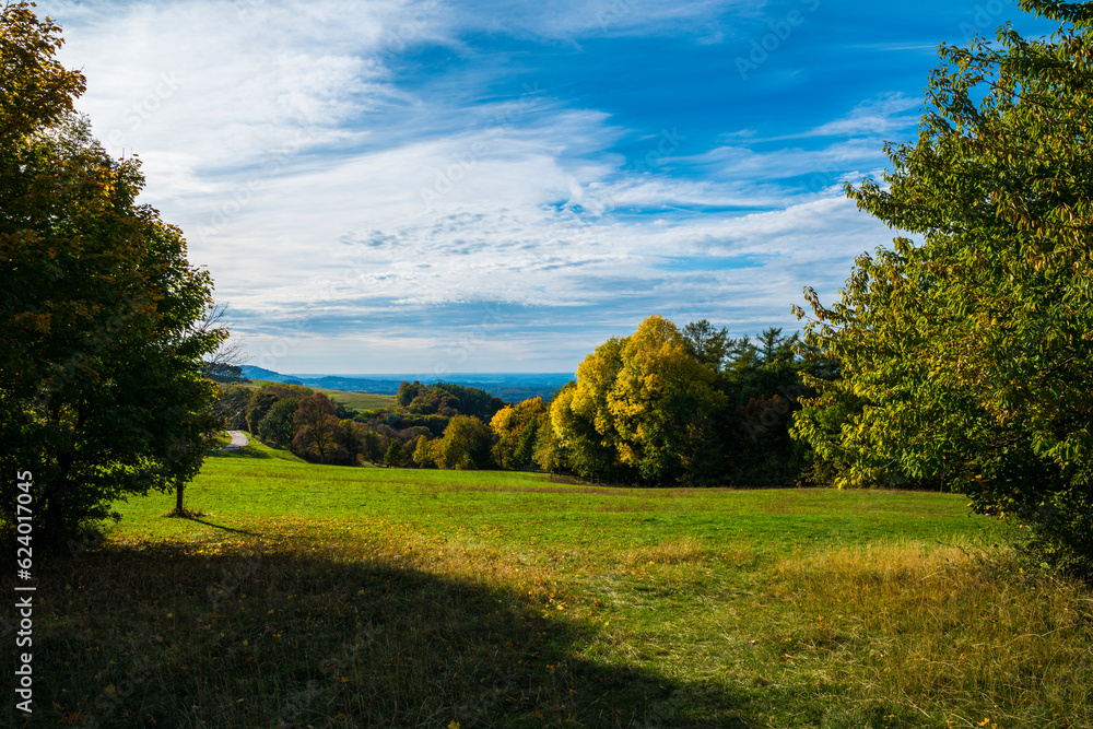 Germany, Panorama view, swabian alb nature landscape, near stuttgart sunny day autumn season colorful, blue sky and sun