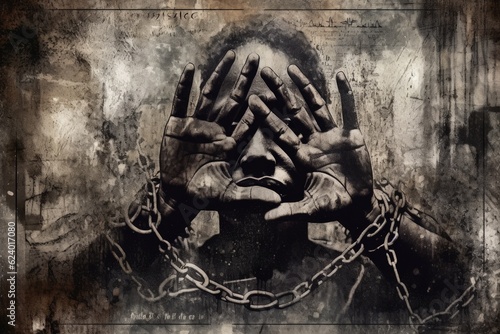 Slavery, forced use of work against persons will. A global problem. Theft. Chains. Forced ownership. Felony criminal. Captive, human trafficking, serfdom, credit, forced marriage. Shackles on hands