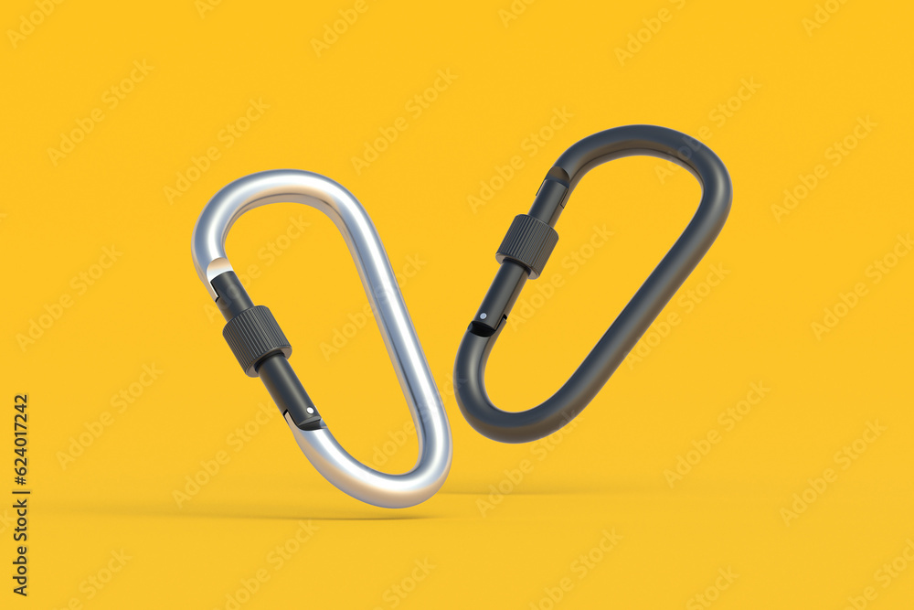 Two falling carbines. Carabines for mountaineering. Accessory for extreme sports. Work on high altitude. 3d render Two falling carbines. Carabines for mountaineering. Accessory for extreme sports. Work on high altitude. 3d render