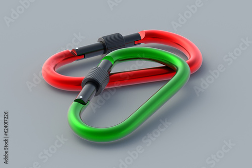 Green and red carbines on black background. Carabines for mountaineering. Accessory for extreme sports. Work on high altitude. 3d render