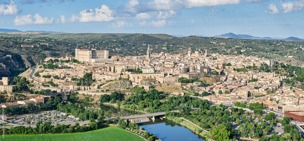 Panoramic from a hot air balloon of the north face of the old town of the city of Toledo Spain