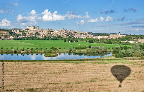 Panoramic from a hot air balloon of the east face of the city of Toledo Spain with the Tagus River