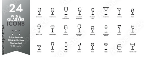 Wine Glass icons. 24 different wine glasses featuring thick and thin lines with editable stroke