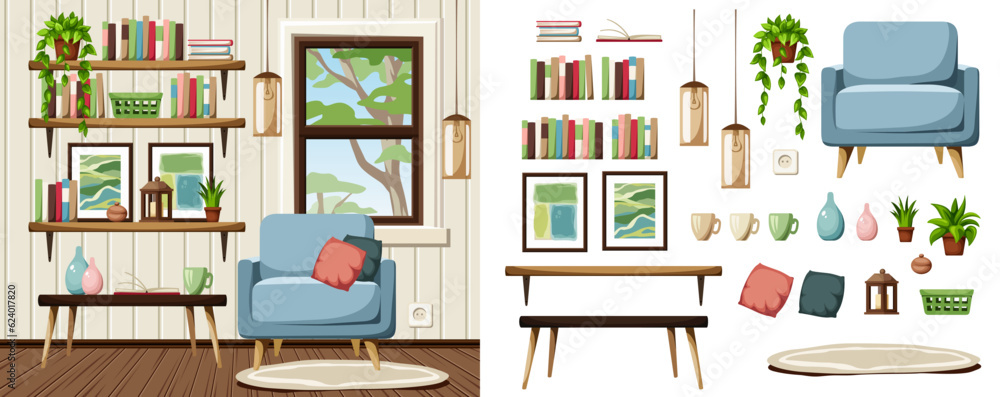 Living room interior design with a blue armchair, bookshelves, a window, and hanging lamps. Furniture set. Interior constructor. Cartoon vector illustration Living room interior design with a blue armchair, bookshelves, a window, and hanging lamps. Furniture set. Interior constructor. Cartoon vector illustration