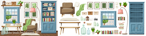 Living room interior design with an armchair, a blue bookcase, and a blue window. Furniture set. Interior constructor. Cartoon vector illustration