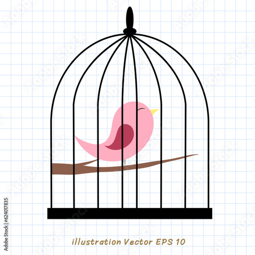 pink bird in birdcage on checkered paper,Flat Modern design ,Vector illustration EPS 10