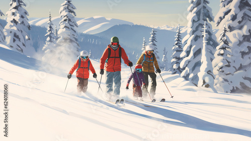 Skiing, family holidays in snow-capped mountains, winter resort on an alpine slope, recreational ski orienteering. Generative AI