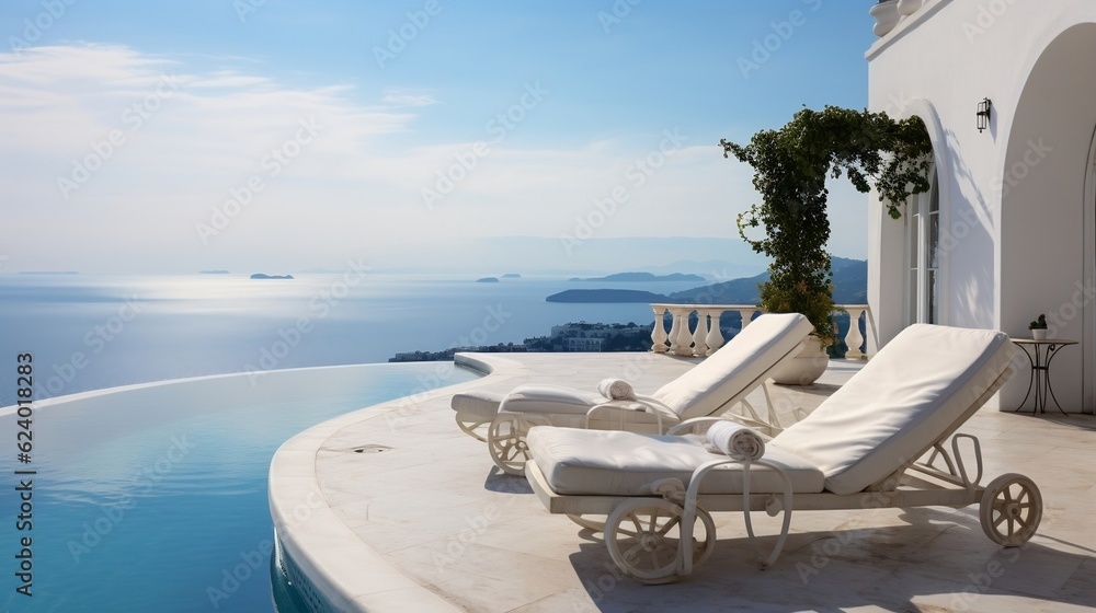 Fototapeta premium Two deck chairs on terrace with pool and stunning sea view generative ai