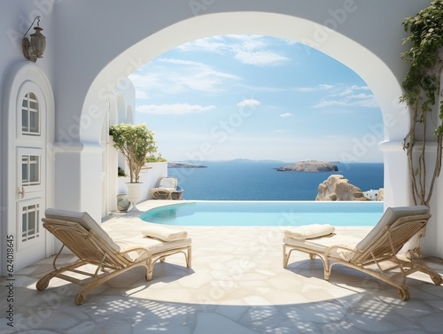 Two deck chairs on terrace with pool and stunning sea view generative ai