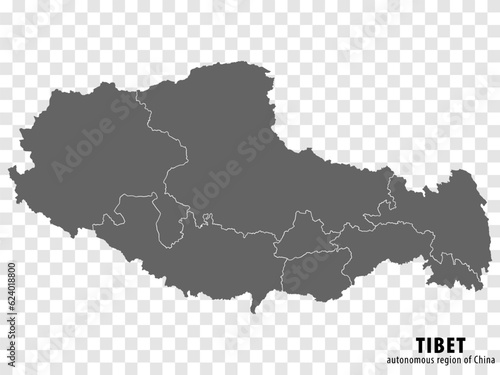 Blank map Tibet Autonomous Region of China. High quality map Tibet with municipalities on transparent background for your web site design, logo, app, UI. People's Republic of China. EPS10.