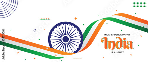15 August India Happy Independence Day Banner Design with Copy Space, 3D Tri Color India Flag Ribbon Background Design, Holiday Design for Social Media Post. Vector Illustration